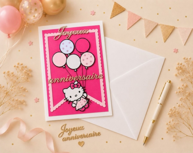 Carte de voeux anniversaire - Kitty ballons roses