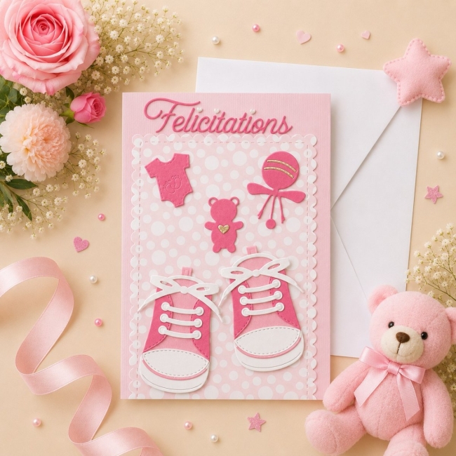 Carte de voeux naissance fille - Petits chaussons