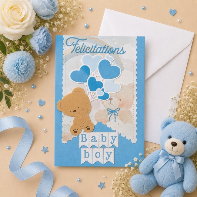Carte voeux de naissance garçon - Ballons 
